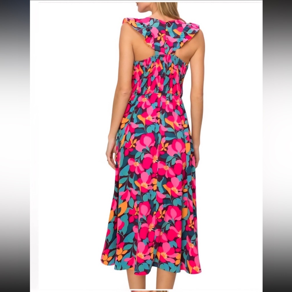 MELLODAY Asymmetrical Floral Midi Dress in Hot Pink, Teal & Orange